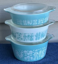 Pyrex Vintage Set 3 Turquoise Amish Butterprint Lids Casserole 471 472 473 picture