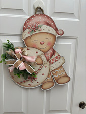 Christmas Gingerbread Boy Hanging Door Decor Plaque w/ Bow & Greenery Wood picture