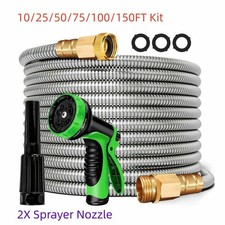 10/25/50/75/100/150FT Stainless Steel Flexible Garden Water Hose 2X Sprayer Gun picture