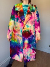 Women’s L-XL Rainbow Thick Wool Coat Colorful Buttons up Vintage Tie Dye Jacket picture