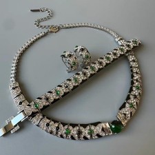 Vintage Art Deco Emerald Crystal Necklace Black Enamel Statement Jewelry Gold picture