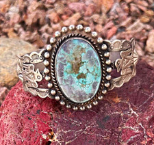 Vintage Native American Navajo Sterling Silver Thunderbird Turquoise Cuff 33.2g picture