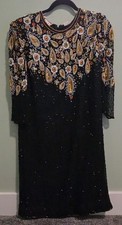  Vtg Laurence Kazar Black and gold holiday sequin silk beaded  Dress 1X XL picture