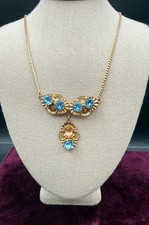Signed Van Dell 12k 1/20 GF Art Nouveau gold tone 15” necklace blue Rhinestones picture