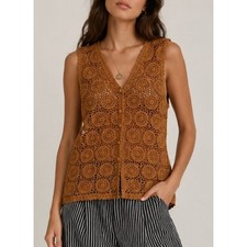 Vtg Claudia D Hand Knit 100% Silk Crochet Vest Brown Large  Women 1993 Boho picture