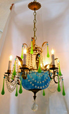 Rare Italian Blue and Green Opaline Beaded Gold Leaf Chandelier circa 1940s picture