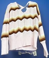 Women's Pink Brown Striped Knit Pullover Sweater V-Neck Cut-Out Long Sleeve M picture