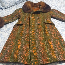 Millbrooke New York Vintage Fox Fur Trim Coat Green Orange Brown. Possibly 1960s picture