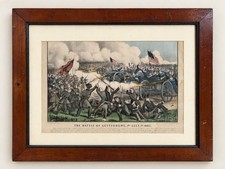 Antique Currier & Ives Battle of Gettysburg 1863 Hand Colored Lithograph Framed picture