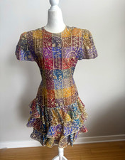 Vintage 80’s handmade multicolor Embroidered Ruffle Unique Dress Zip Back Small picture
