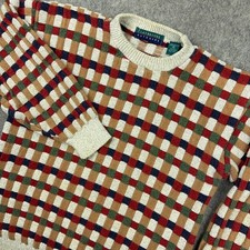 VTG Claybrooke Sweater Mens Medium Cream Checkered Textured Knit Grandpa USA 90s picture