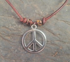 Peace Sign Necklace, Silver, Leather Cord, Peace Sign Jewelry, Peace Sign Charm picture