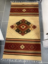 Vintage Zapotec Oaxacan Hand Woven Wool Rug w/Fringe BEAUTIFUL ~60” X 30” Decor picture