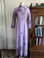 Vintage 1960s Lavender Qipao Cheongsam Maxi Dress Sheer Floral Long Sleeve Slit picture