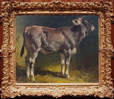 Hand Painted Oil Painting Portrait of Cow Dark Background Animal Canvas Wall Art picture