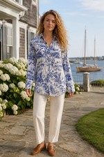 Joie Blue White Tropical 100% Linen Button Down Shirt Long Sleeve Size L picture