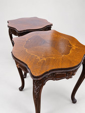 Pair Antique French Style Marquetry Inlaid Carved Wood Nesting Side Tables picture