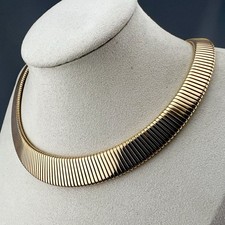 Vintage Omega Collar Necklace Gold Tone Ribbed Tubogas Wide Statement 16” picture