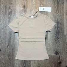 Alo women’s Brown crew neck short sleeve Slim Fit Yoga T-shirt Size S picture