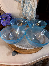 Pier 1 Iridescent Alabaster Blue Ink Swirl Glass Bowls Set of 4, 6” picture
