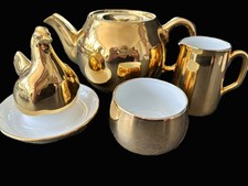Vintage Royal Worcester Gold Lustre Fireproof Teapot Creamer Sugar & Hen Egg Cup picture