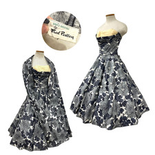 Vintage 1950s Fred Perlberg Grey Floral Beaded Rhinestoned Dress & Shawl picture