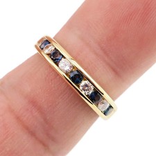 Classic 14k Solid Yellow Gold Natural Blue Sapphire and Diamond Band Ring Size 7 picture