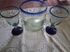 VTG Mexican Handblown Glass Wine Cooler and 2 Wine Glasses Cobalt Rim/ Base Nice picture