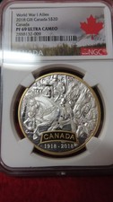 2018 $20 World War Allied Forces: Canada 1oz 9999 gold gilt Silver NGC PR PF 69 picture