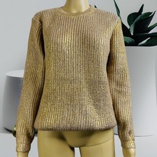 Women Pullover Sweater Gold Foil Metallic Knit Size L Large Crew Neck Mid Length picture