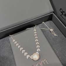 APM Monaco Crystal Leaf Pearl Pendant Necklace Silver Tone picture