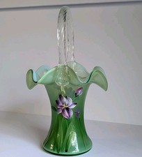 Vintage Fenton Sea Green Opalescent Hand Painted Glass Basket Signed P. Fleak picture
