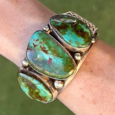 Vintage High Grade Royston Turquoise Heavy Thick Navajo Sterling Silver Cuff picture