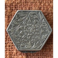 Vintage 800 Silver Hexagonal Pill Box Engraved Floral Hinged Trinket Case picture
