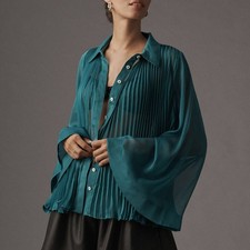 ANTHROPOLOGIE Plus 2X Blue/Green Flowy Pleated Blouse GORGEOUS picture
