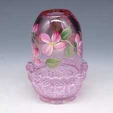 Vtg Signed M Wagner FENTON Glass Fairy Light Lamp Pink Hand Painted Floral READ picture