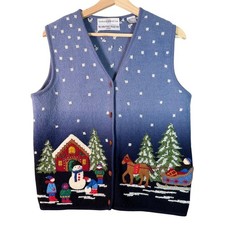 Vtg Marisa Christina Christmas Collection Blue Boiled wool Sweater Vest Womens S picture