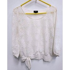 Anthropologie Deletta Lace Top Womens L Ivory Floral Tie Waist Sheer 3/4 Sleeve picture