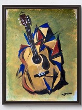 Abstract Cubist Deconstructed Guitar Acrylic Original Art 14x11 Paper picture