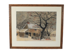Vintage Rural Farmhouse In Winter Scene Pastel Painting Unsigned picture