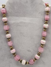 RARE Antique Czech Pink&White Art Glass Beads w/Goldtone Filigree On Metal Chain picture