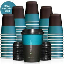 EcoGoods 12 oz. Disposable Insulated Paper Coffee Cups w/ Black Lids (50 Pcs) picture