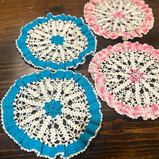 VTG 1960s Handmade Micro Crochet Doilie/Potholder Set of 4 - White Pink & Blue picture