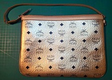 MCM Metallic Gold Monogram Zip Pouch w/ Strap 11x8 Inches picture