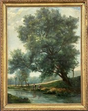 Original French School Antique 1890’s Oil Painting Fishing Lake Landscape Framed picture