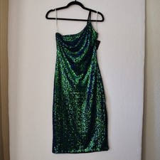Lulus Green Blue Sequin One Shoulder Midi Dress Bodycon Cocktail Party Small NWT picture
