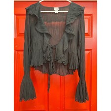Vintage Rave Black Sheer Tie Front Ruffle Blouse Bell Sleeve Lace Trim XL picture