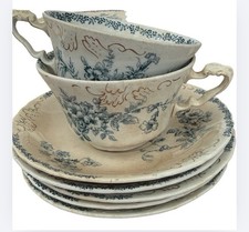 Antique John Edwards MAINE 5 Tea Cups & Saucers Green Transfer Gold Gilt c1890s picture