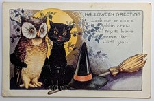 Antique Whitney Halloween Postcard Black Cat Owl Witch Hat Broom Embossed Unp picture