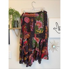 Chico's Design 100% Silk Black Floral Patchwork Asymmetrical Skirt picture